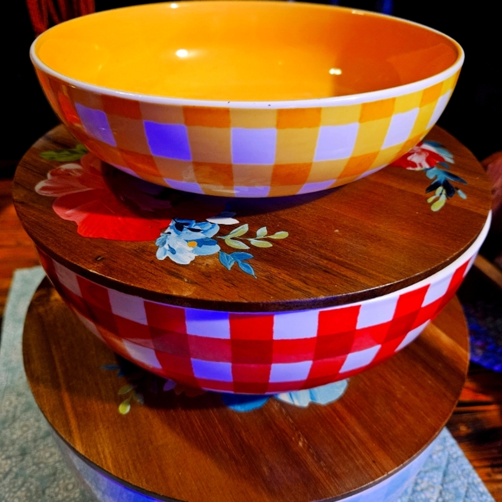 Pioneer Woman Gingham Ceramic Nesting Bowl Set w/ Lids